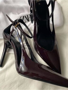 ZARA Patent Pointed-Toe Ankle-Strap Pumps in Deep Burgundy
